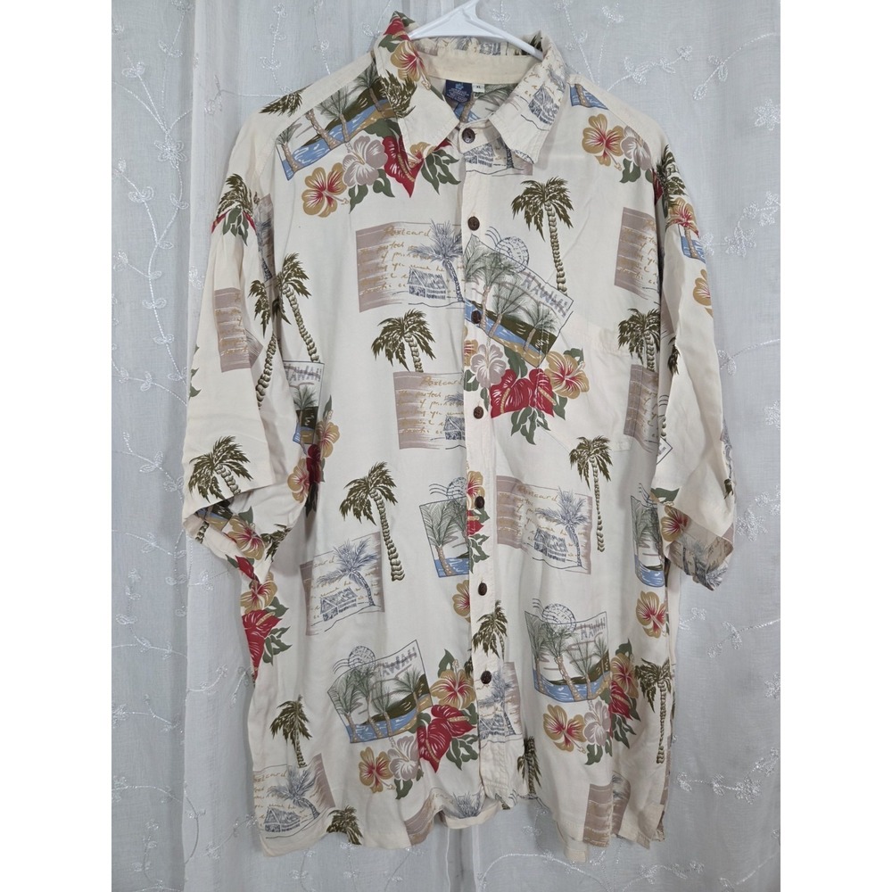 Hibiscus Collection Mens Tan Floral Hawaiian Shirt XLPostcard Palm Tree Hibiscus